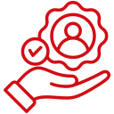 Red outline icon of a hand holding a badge with a user symbol and a checkmark, representing verified user or approval.