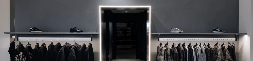 Clothing store interior with black jackets and shoes on display against dark walls. Illuminated doorway with "REPRESENT" sign above.