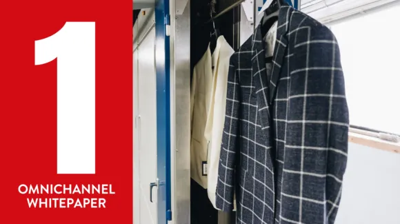 A checkered coat and a white garment hang on hooks next to lockers. Bold red number one with text reading "Omnichannel Whitepaper" appears on the left.