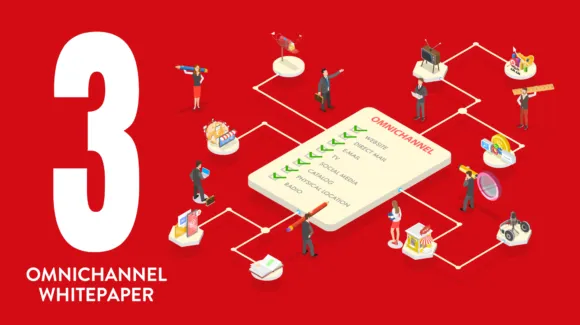 Illustration of people engaging in various activities around a checklist labeled "Omnichannel," with items like website, SMS, email, mobile app, catalog, telecommunication, and radio.