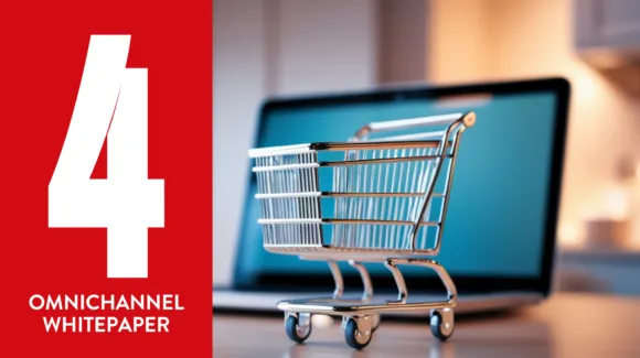 Small shopping cart sits on a laptop keyboard next to a red banner with the text "4 Omnichannel Whitepaper.