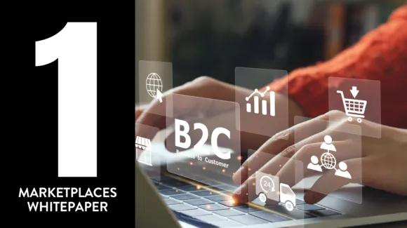 Person typing on a laptop with B2C and digital icons overlay, next to text: "1 Marketplaces Whitepaper.
