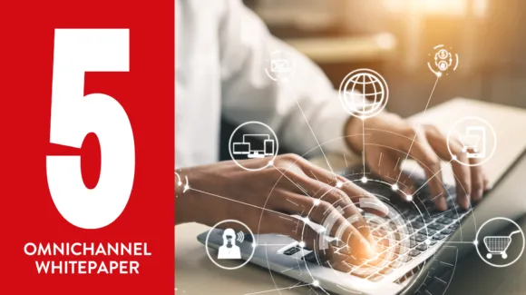 Person typing on a laptop with digital icons representing communication and technology; text reads "5 Omnichannel Whitepaper.