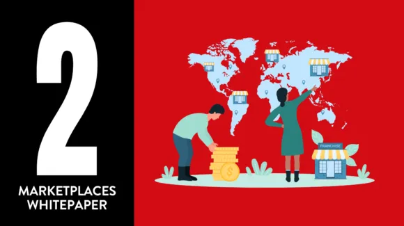 Illustration of two people with a world map, small shops marked on various continents, and piles of coins. Text reads: "2 Marketplaces Whitepaper.
