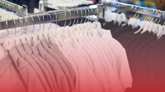 Clothing rack with gray and white shirts on hangers in a store.
