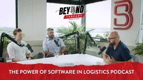 Three people sit at a table with microphones, engaged in a podcast discussion. A large "3" logo is visible on the wall. Text reads: "The Power of Software in Logistics Podcast.