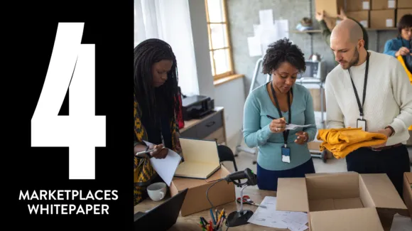 Employees collaborate over packaging in an office; text reads "4 Marketplaces Whitepaper".