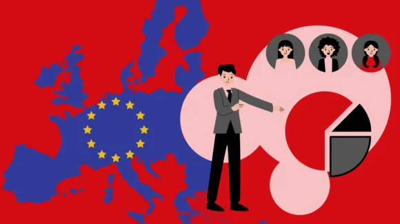Illustration of a person pointing to a pie chart with the EU flag over a map of Europe, and three avatars in circles above.