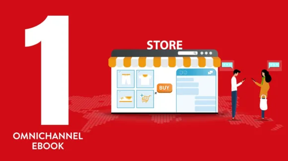 Illustration of an online store interface with a buy button, a large number "1," and the text "Omnichannel Ebook" on a red background.