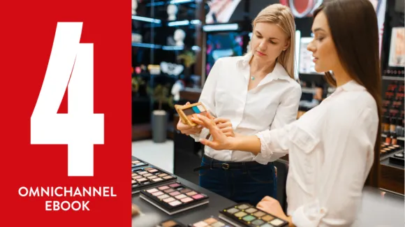 Two women in a cosmetic store discussing makeup products. A large red graphic with the text "4 Omnichannel Ebook" is on the left.