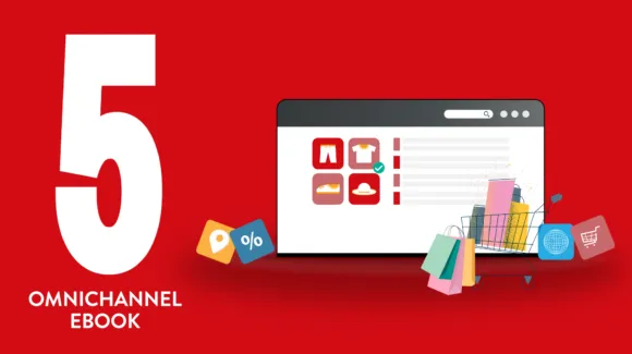 Cover image of an omnichannel eBook featuring a large number 5, a browser window with clothing icons, a shopping cart with bags, and omnichannel-related icons on a red background.