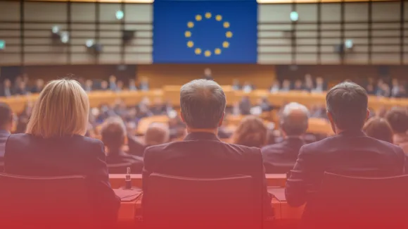 People in formal attire sit in a large room with a European Union flag displayed in front.