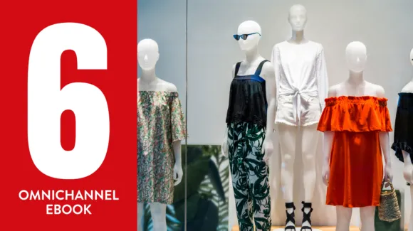 Storefront display with five mannequins in summer outfits. Large red number 6 with "Omnichannel Ebook" text on the left.