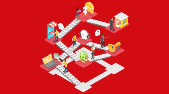 Illustration of people interacting with technology on a staircase structure, featuring various devices like laptops, VR headset, and a megaphone, against a red background.
