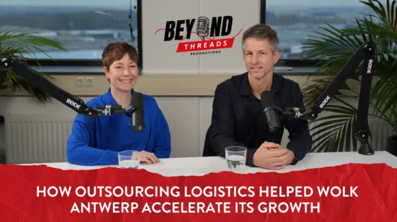 Two people sit in front of microphones in a podcast studio. Text reads: "How Outsourcing Logistics Helped Wolk Antwerp Accelerate Its Growth.