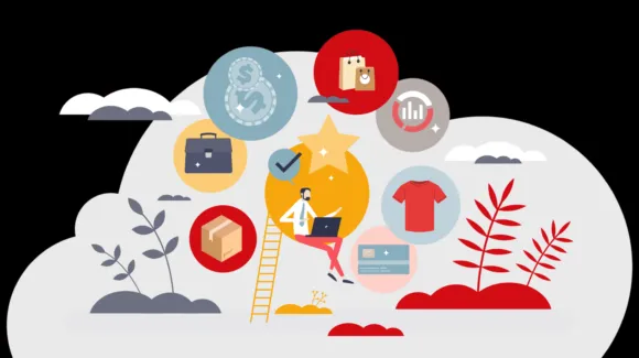 Illustration of a person using a laptop on a ladder, surrounded by icons of money, shopping, charts, and a shirt, symbolizing e-commerce and online business activities.