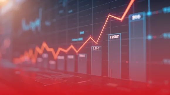 A glowing red graph with a rising trend line overlays vertical bars, indicating upward financial or data trends on a digital display.