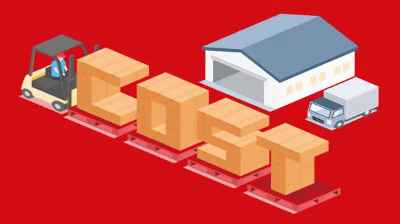 Illustration of a forklift moving large boxes spelling "COST" toward a warehouse and truck on a red background.