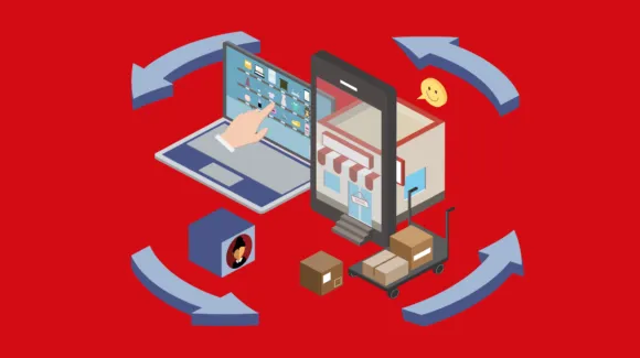 Illustration of online shopping: a laptop and smartphone display a storefront. Boxes, a cart, and arrows suggest a delivery cycle. A smiley face and user icon complete the digital commerce theme.