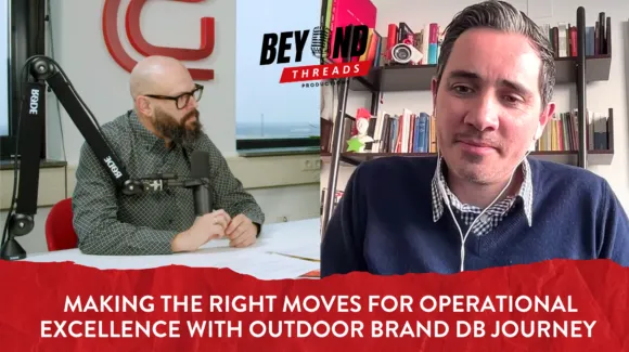 Two men in a split-screen video call. Left: person in a radio studio, speaking into a microphone. Right: person with headphones, in a room with books on shelves. Text overlay about an outdoor brand.