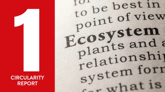 Close-up of an open book with the word "Ecosystem" visible. On the left, a red panel features the number "1" and the text "Circularity Report".