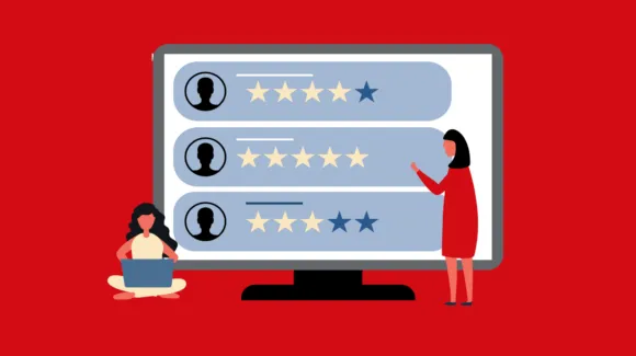 Two people interacting with a large screen displaying a list of user ratings with star icons against a red background.