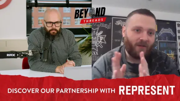 Two men are having a virtual meeting. The left man sits at a desk with a microphone, while the right man gestures. Text: "Discover our partnership with Represent.