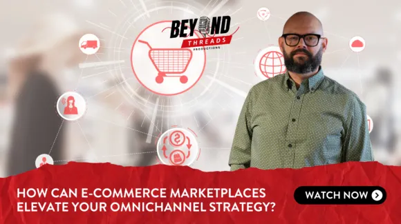 A man stands in front of graphics featuring a shopping cart and digital icons, with text promoting a video about e-commerce marketplaces and omnichannel strategy.