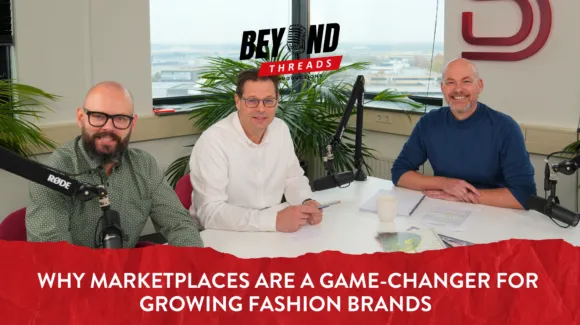 Three men sit at a table with microphones in a recording studio. A banner reads, "Why marketplaces are a game-changer for growing fashion brands.