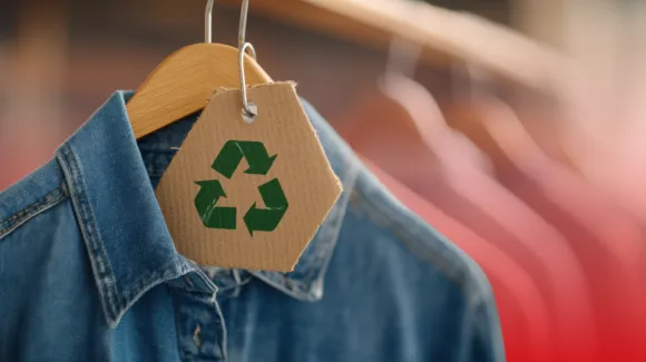 A denim shirt on a hanger with a cardboard tag displaying a recycling symbol; other clothes are visible out of focus in the background.