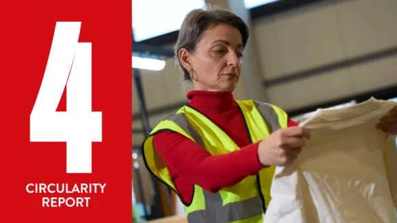 A woman in a high-visibility vest examines a white garment in a warehouse. The left side of the image has a red background with the text "4 Circularity Report.