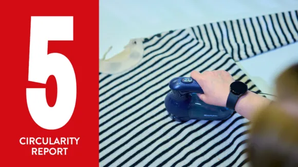 A person uses a handheld device to remove lint from a striped sweater; large text on a red background reads "5 Circularity Report.