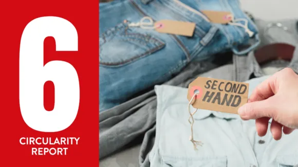 Hand holding a "Second Hand" tag over used clothing; large number 6 and "Circularity Report" appear on a red background to the left.