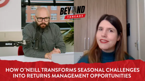 A man and a woman appear in a split-screen video call for "Beyond Threads" discussing O’Neill’s approach to turning seasonal challenges into returns management opportunities.