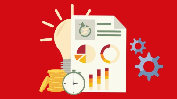 A document with charts, graphs, and a money icon is displayed with coins, a stopwatch, gears, and a large light bulb on a red background.