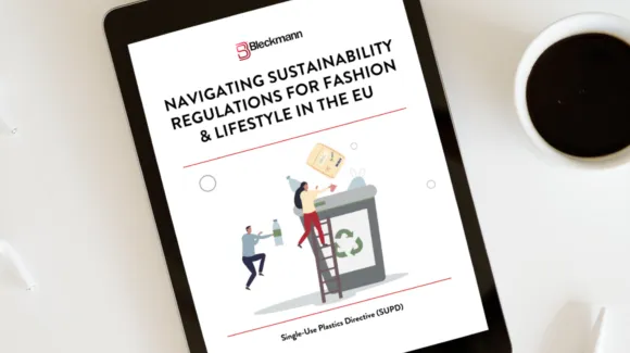 A tablet displays a Bleckmann guide titled "Navigating Sustainability Regulations for Fashion & Lifestyle in the EU" with an illustration of people recycling.