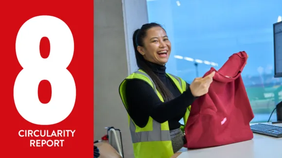 A woman in a safety vest smiles while holding a red bag at a workstation; large number 8 and "Circularity Report" text appear on a red background.