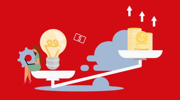 A woman holding a gear sits next to a large lightbulb on one side of a seesaw, balanced against stacks of coins with upward arrows on the other side, symbolizing ideas leading to profit.