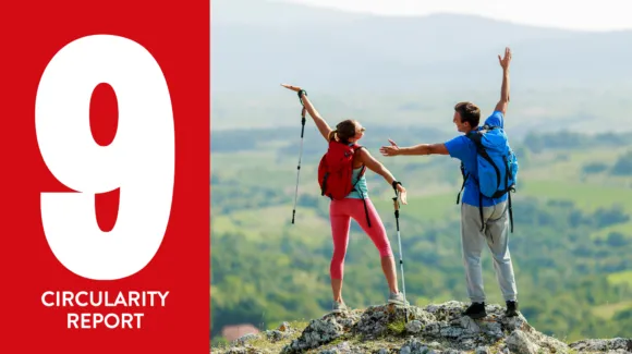 Two hikers with backpacks stand on a rocky hilltop with arms raised. A large number 9 and the words "Circularity Report" appear on a red background to the left.