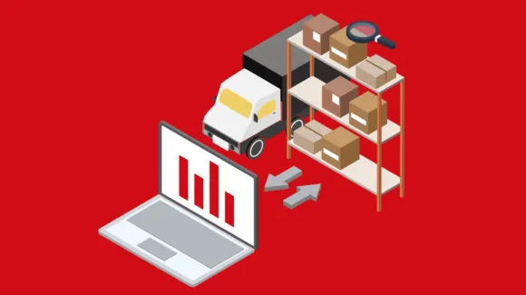 Illustration of a laptop with bar graph, a delivery truck, and warehouse shelves with boxes and a magnifying glass, representing logistics and inventory management.