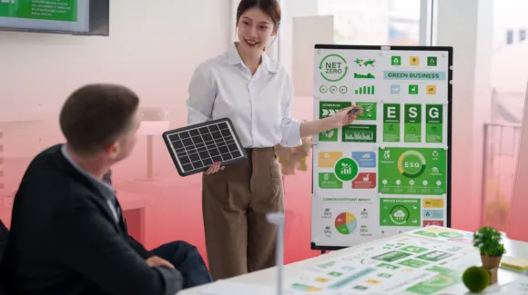 A woman presents a solar panel and points to a green business sustainability chart while a man listens in a modern office setting.
