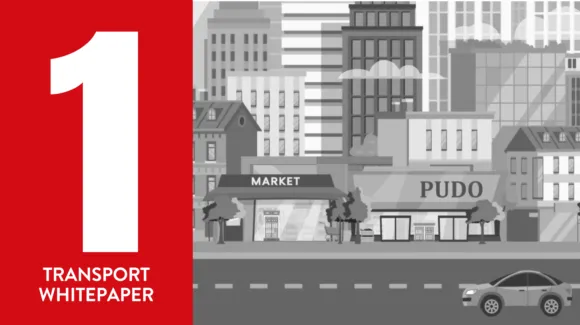 A grayscale cityscape with a market, PUDO store, and car in the foreground; a red sidebar reads "1 Transport Whitepaper.