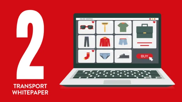 A laptop screen displays an online shopping website with clothing items and a "Buy" button; the text "2 Transport Whitepaper" appears on a red background.