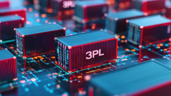 Shipping containers labeled “3PL” are placed on a circuit board, symbolizing third-party logistics integration with technology.