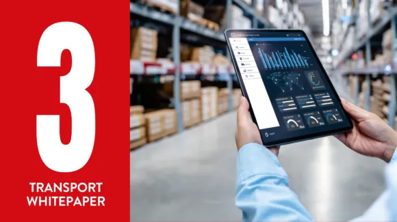 A person in a warehouse holds a tablet showing data dashboards, with a large red panel on the left displaying the number 3 and the text "TRANSPORT WHITEPAPER.