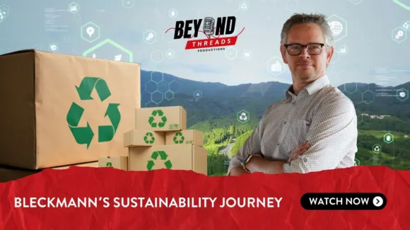 A man stands with arms crossed beside stacked cardboard boxes with recycling symbols, with a forested landscape and digital icons in the background. Text reads: "Bleckmann’s Sustainability Journey.