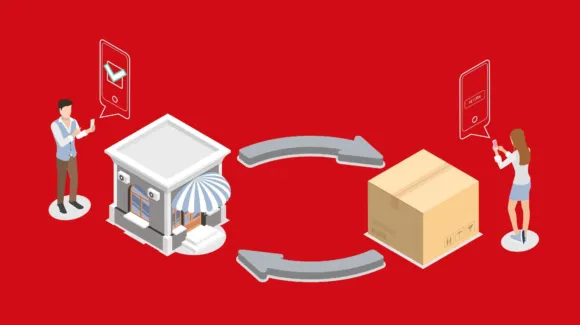 Illustration of a man ordering from a store on his phone, with arrows showing a package being sent to a woman receiving it on her phone, against a red background.