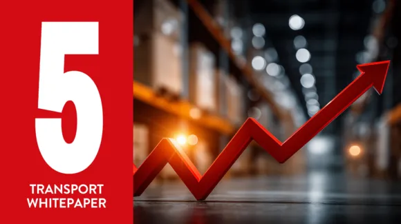 Red infographic with large number 5 and "Transport Whitepaper" text on left, beside a rising red arrow in a warehouse setting with blurred shelves and lights.