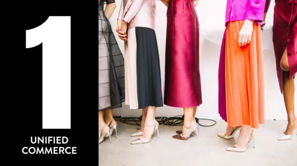 Five women stand in a row wearing long skirts and heels; large white text on black reads “1 Unified Commerce” on the left side of the image.