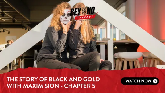 Two people sit on a bench indoors; one has a skull painted on her face. Text on the image promotes "The Story of Black and Gold with Maxim Sion - Chapter 5.